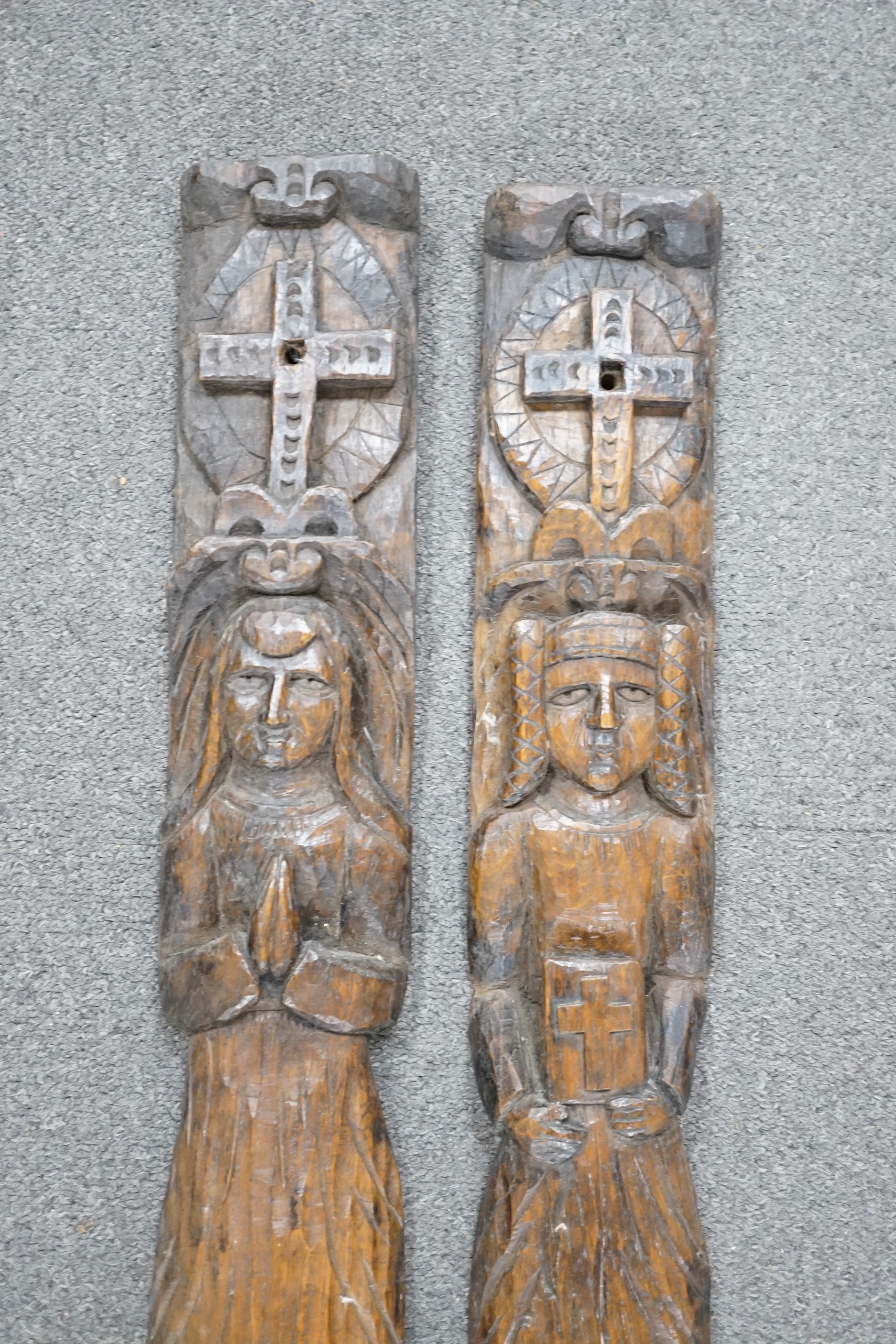 Two 19th century, oak carvings, religious figures, 67cm high
